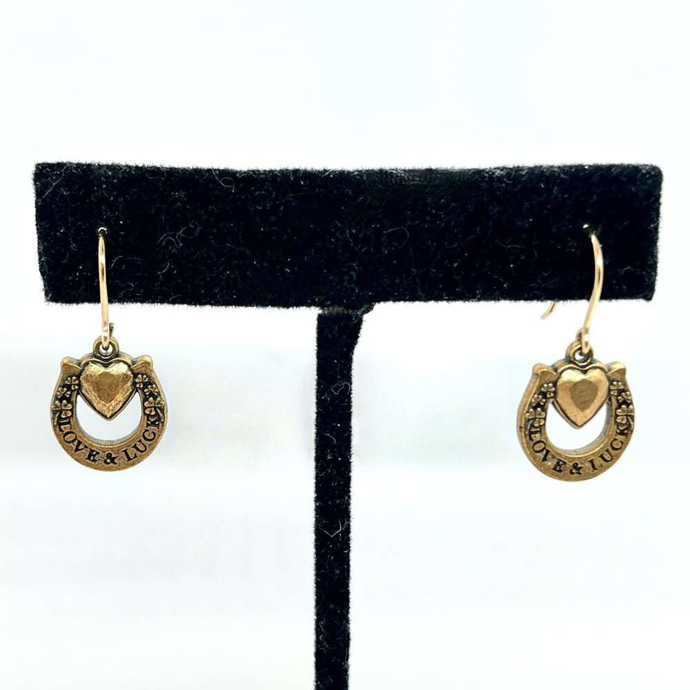 Alex And Ani Love Luck Horseshoe Heart Dangle Earrings Gold Tone Signed 2018